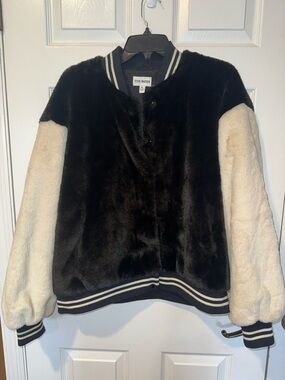 Steve Madden Black Body Cream Sleeve Faux Fur Varsity Jacket